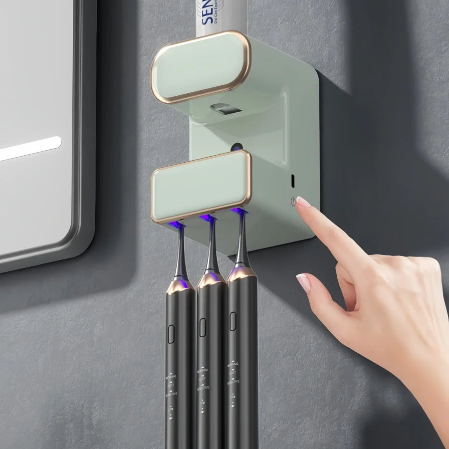 🪥 自動歯磨き粉ディスペンサー UV除菌付き 壁掛け式 穴あけ不要 歯ブラシ収納ラック