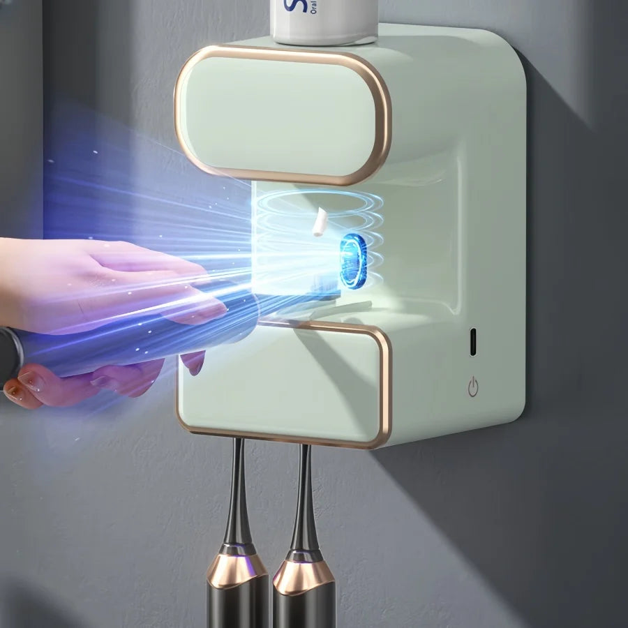 🪥 自動歯磨き粉ディスペンサー UV除菌付き 壁掛け式 穴あけ不要 歯ブラシ収納ラック