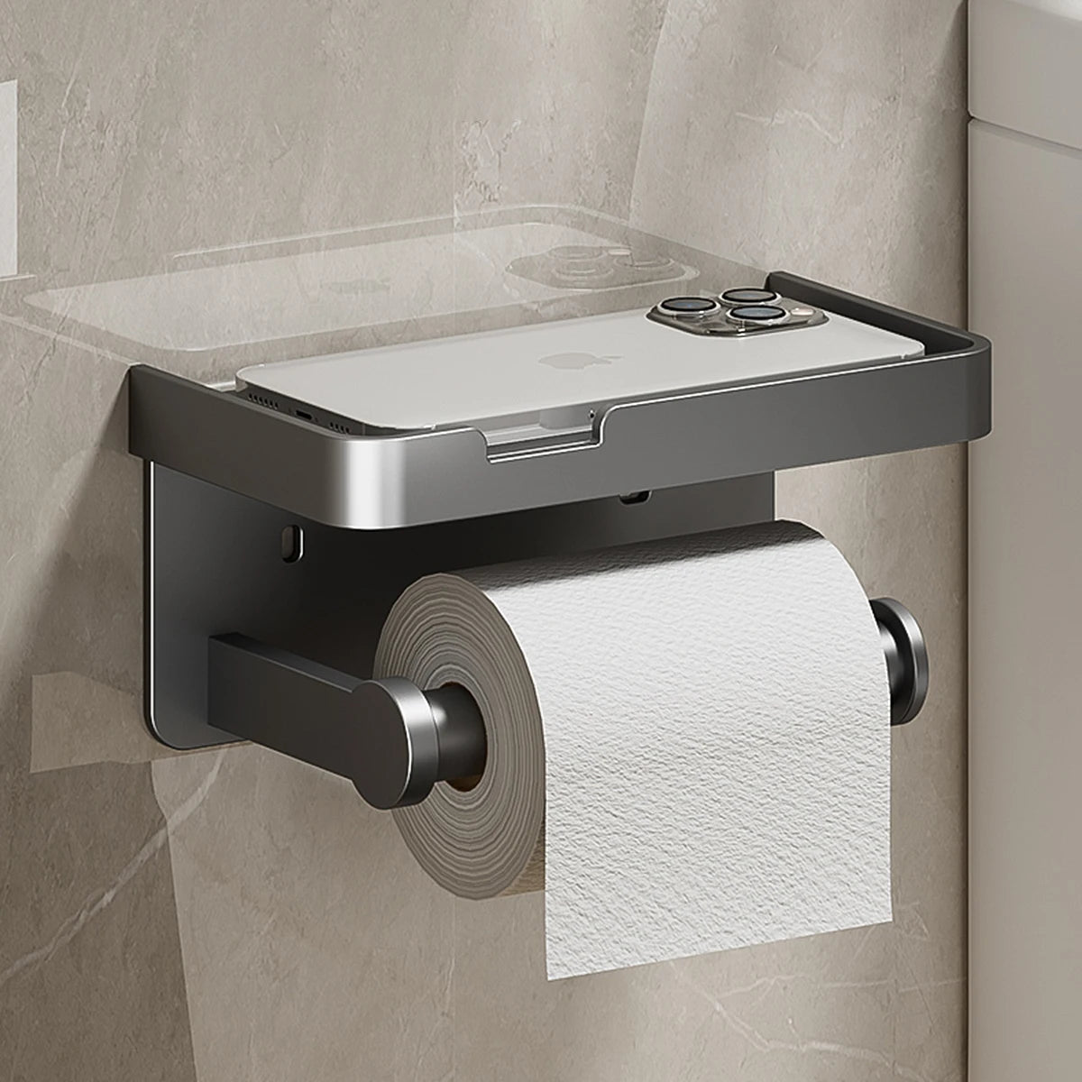 穴あけ不要 トイレットペーパーホルダー アルミ製 棚付き 壁掛け 強力粘着 防水 防錆 バスルーム収納 スマホ置き