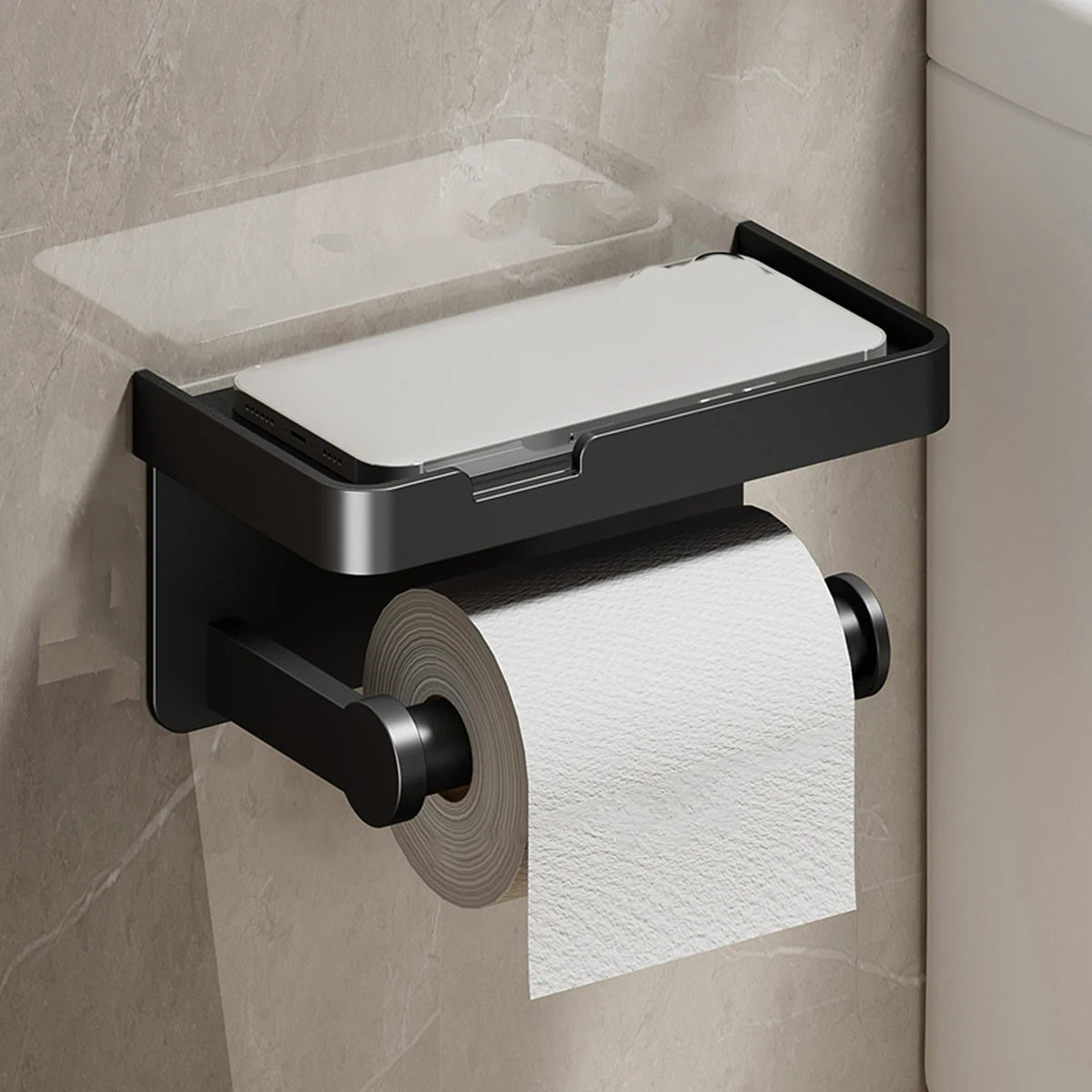 穴あけ不要 トイレットペーパーホルダー アルミ製 棚付き 壁掛け 強力粘着 防水 防錆 バスルーム収納 スマホ置き