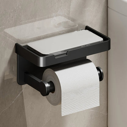 穴あけ不要 トイレットペーパーホルダー アルミ製 棚付き 壁掛け 強力粘着 防水 防錆 バスルーム収納 スマホ置き
