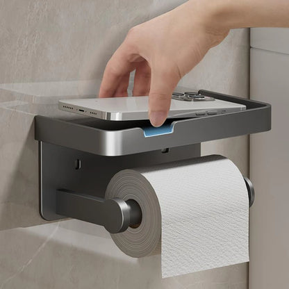 穴あけ不要 トイレットペーパーホルダー アルミ製 棚付き 壁掛け 強力粘着 防水 防錆 バスルーム収納 スマホ置き