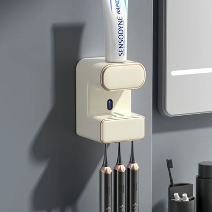 🪥 自動歯磨き粉ディスペンサー UV除菌付き 壁掛け式 穴あけ不要 歯ブラシ収納ラック