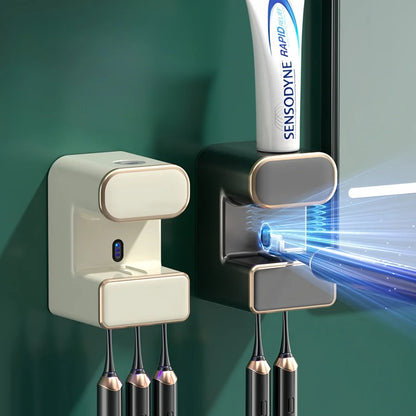 🪥 自動歯磨き粉ディスペンサー UV除菌付き 壁掛け式 穴あけ不要 歯ブラシ収納ラック