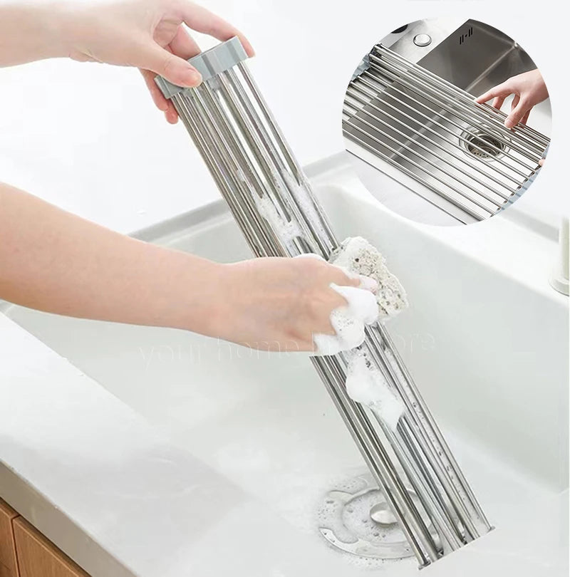 【キッチン収納】ロール式 水切りラック ステンレス304 折りたたみ式 シンク上 水切りラック 食器乾燥ラック 多機能 キッチン用品