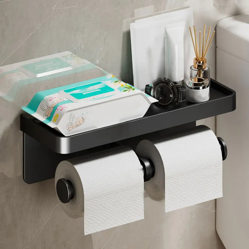 穴あけ不要 トイレットペーパーホルダー アルミ製 棚付き 壁掛け 強力粘着 防水 防錆 バスルーム収納 スマホ置き