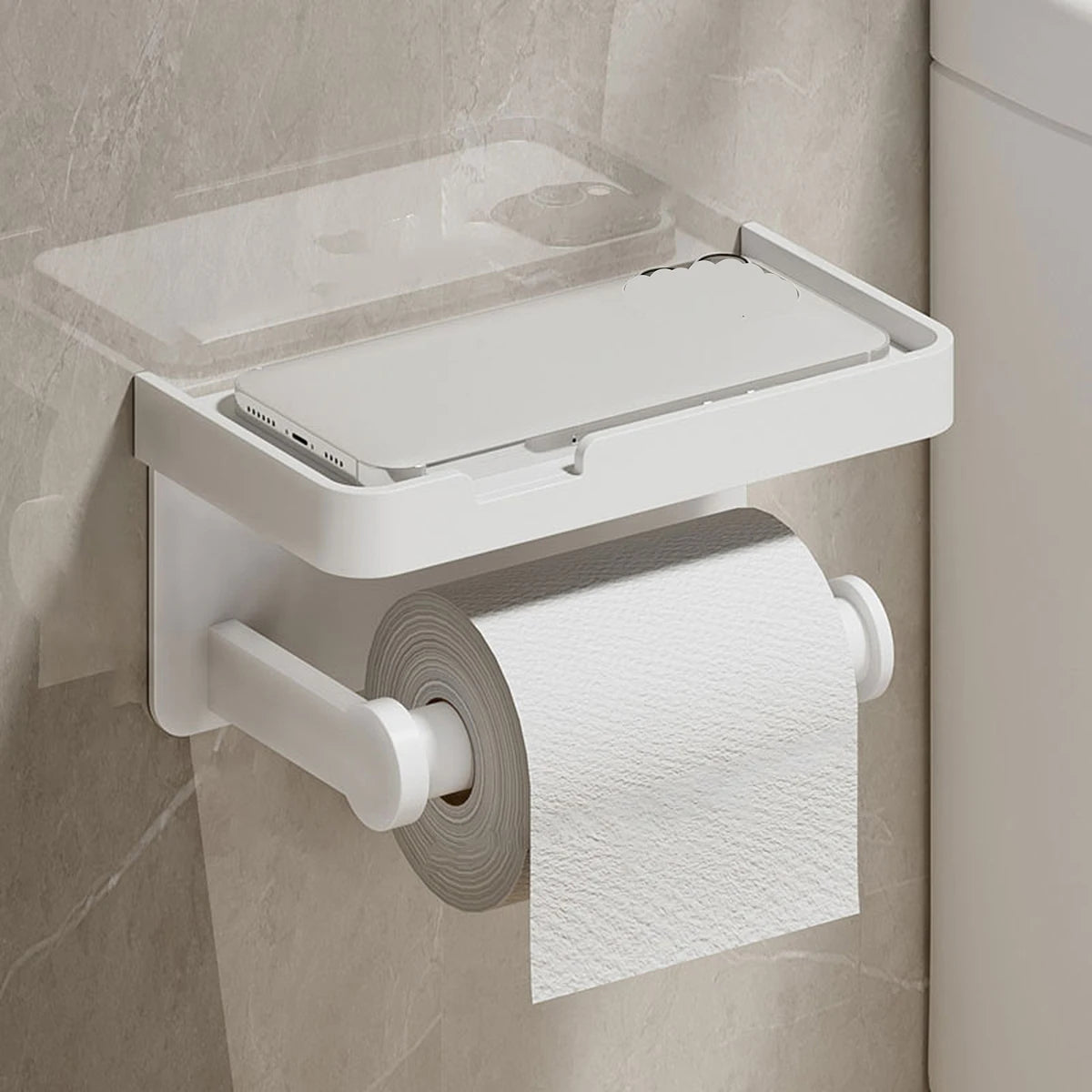 穴あけ不要 トイレットペーパーホルダー アルミ製 棚付き 壁掛け 強力粘着 防水 防錆 バスルーム収納 スマホ置き