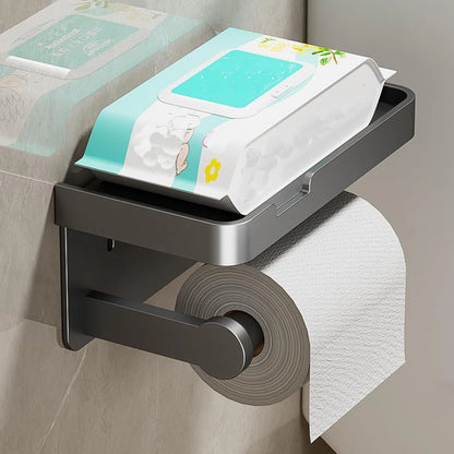穴あけ不要 トイレットペーパーホルダー アルミ製 棚付き 壁掛け 強力粘着 防水 防錆 バスルーム収納 スマホ置き