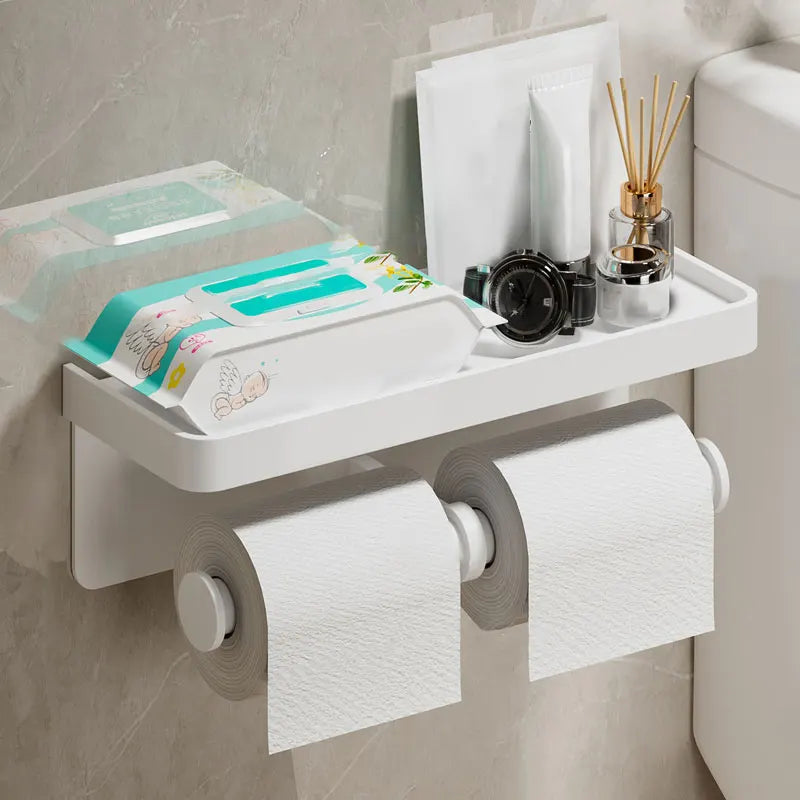 穴あけ不要 トイレットペーパーホルダー アルミ製 棚付き 壁掛け 強力粘着 防水 防錆 バスルーム収納 スマホ置き