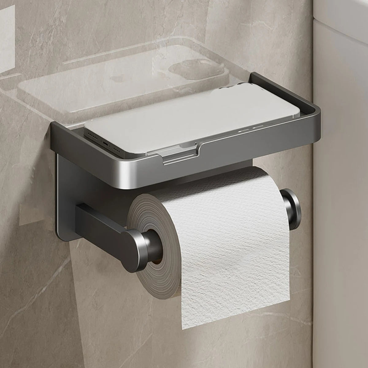 穴あけ不要 トイレットペーパーホルダー アルミ製 棚付き 壁掛け 強力粘着 防水 防錆 バスルーム収納 スマホ置き