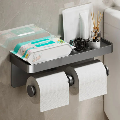 穴あけ不要 トイレットペーパーホルダー アルミ製 棚付き 壁掛け 強力粘着 防水 防錆 バスルーム収納 スマホ置き